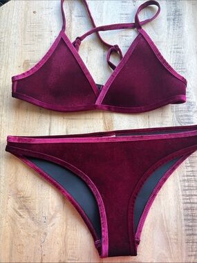 Hoaka Swimwear Plush Velvet Triangle Bikini Set in Wine burgundy